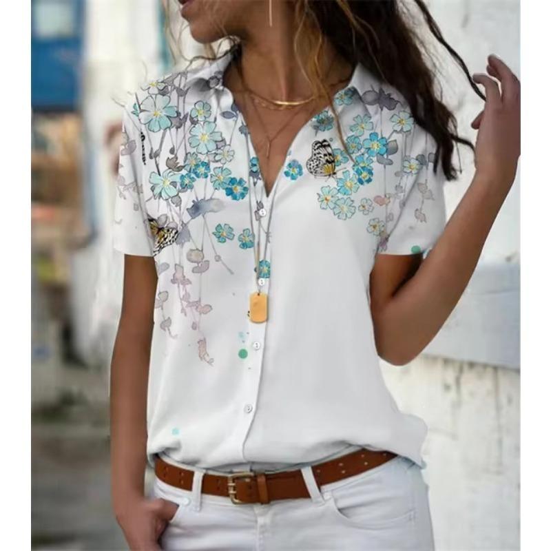 Women Floral 3d Printed Short Sleeve Turn Down Collar Casual Shirt