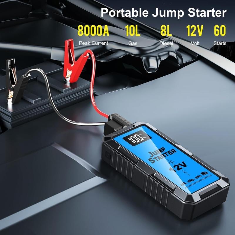 Vehicle Jump Pack with 5 V/2 A Input and Output, LCD Battery Readout, 12 V Starting Support, and Steady, Flashing, and Emergency Light Modes