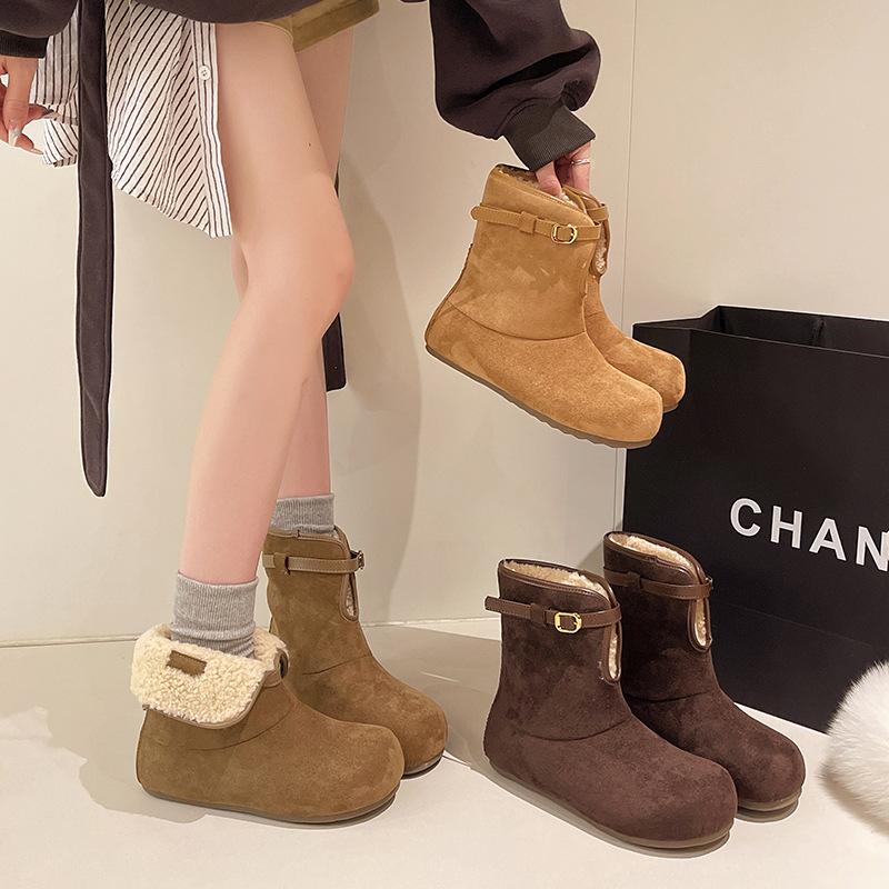 Women's Thick Bottom Short Belt Buckle Winter Lightweight Warm Fur One Plush Snow Boots Non-slip Wear Casual Sports Cotton Boots
