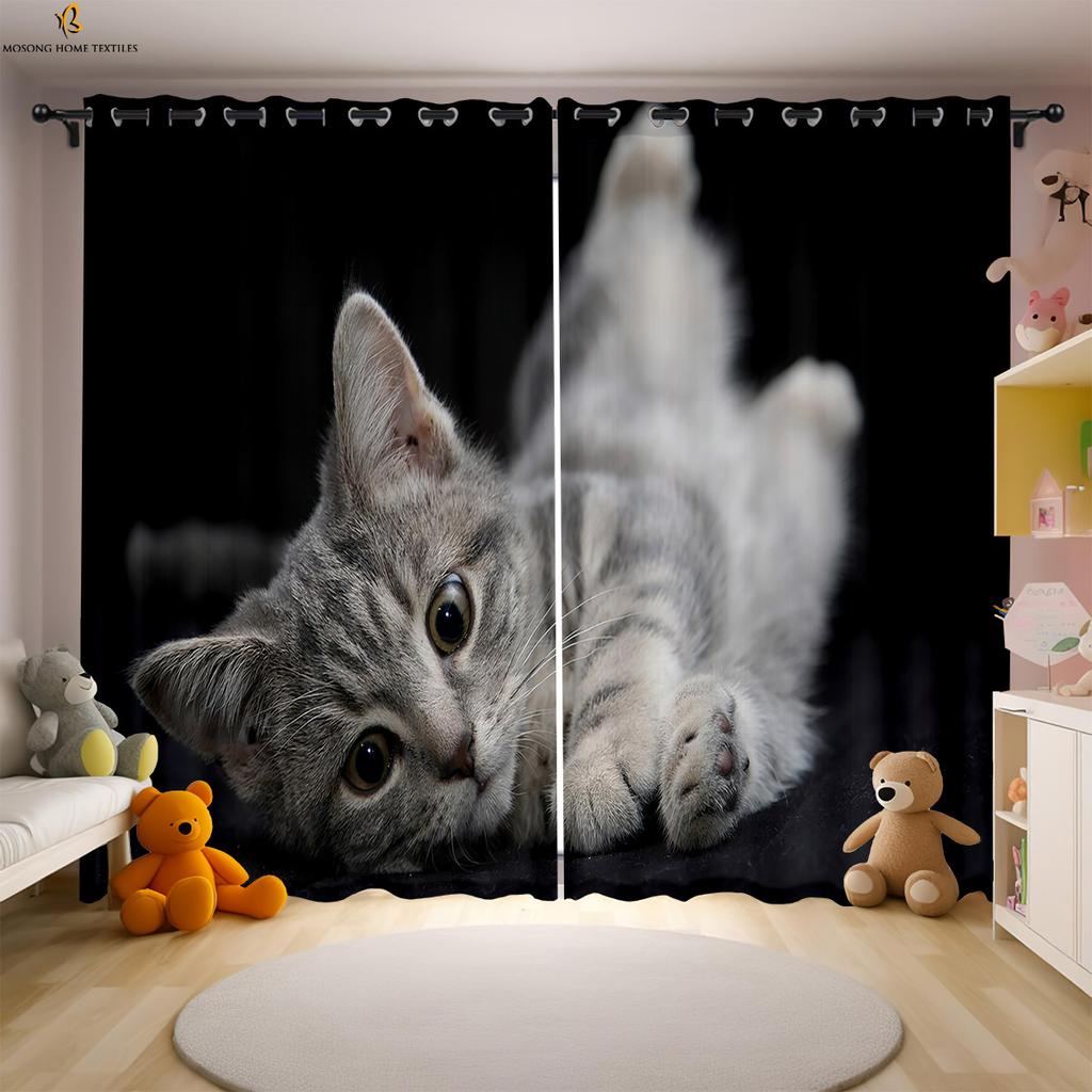 Cat Cartoon Printed Curtains Polyester Bedroom Living Room Kids Window Decoration Curtain Set Of 2 Made Washable Sitting Ready