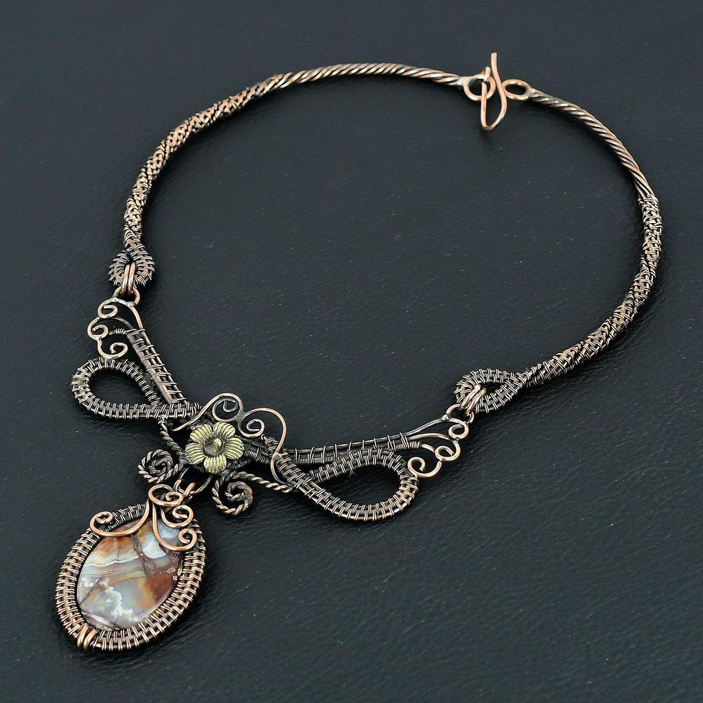 Crazy Lace Agate Handmade Gemstone Necklace, 999 Copper Wire Wrapped Necklace Antique Jewelry, For Engagement Gift