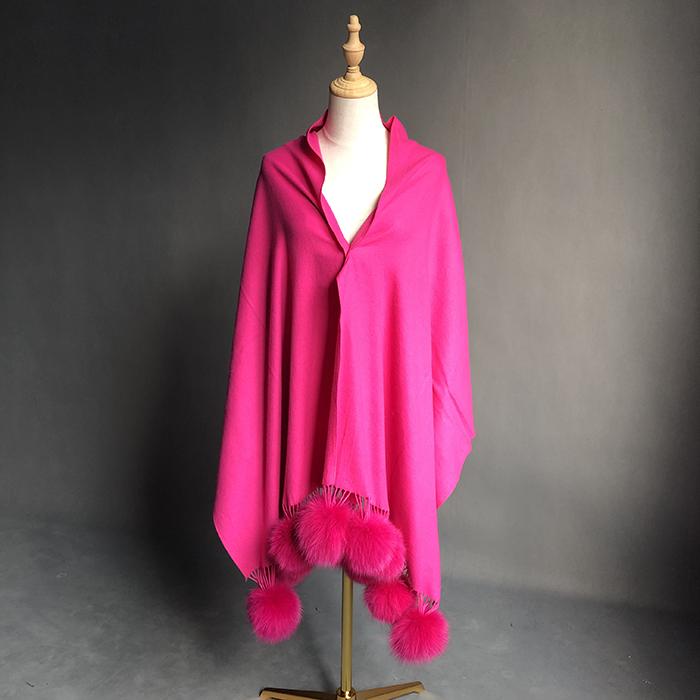 Factory Direct Pashmina Shawl Women Cashmere Scarf Shawl With Fox Fur Pompoms