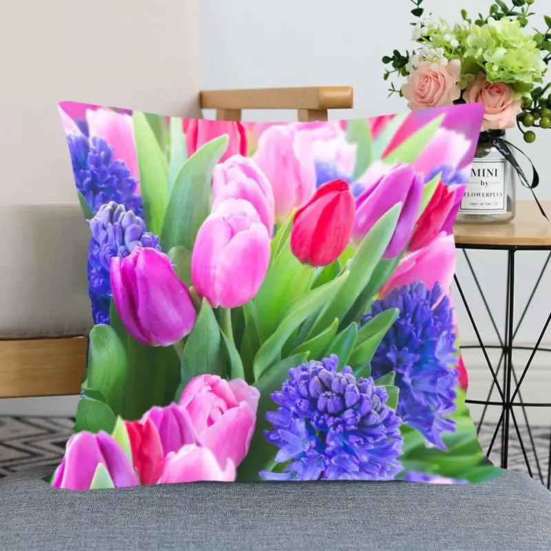 Tulip Flower Pillowcase Bedroom Home Office Decorative Square