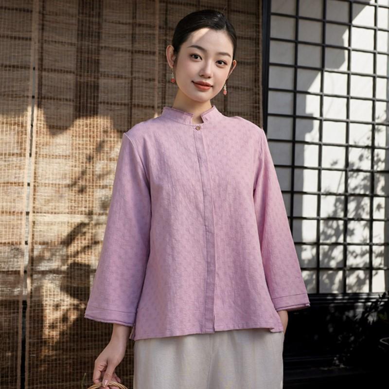 Johnature Women Chinese Style Shirts Tops Stand Long Sleeve Blouses Spring Solid Color Jacquard Shirts