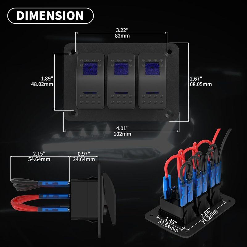 Marine Switch Panel Waterproof 12V 3 Gang Rocker Switch Panel Blue LED for Car Truck Boat RV UTV ATV RZR