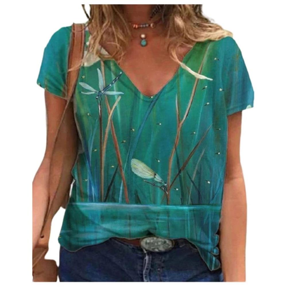Casual Summer T-shirt 2025 New Women's 3d Floral Print T-shirt Ladies Street Wear Short-sleeved V-neck Top