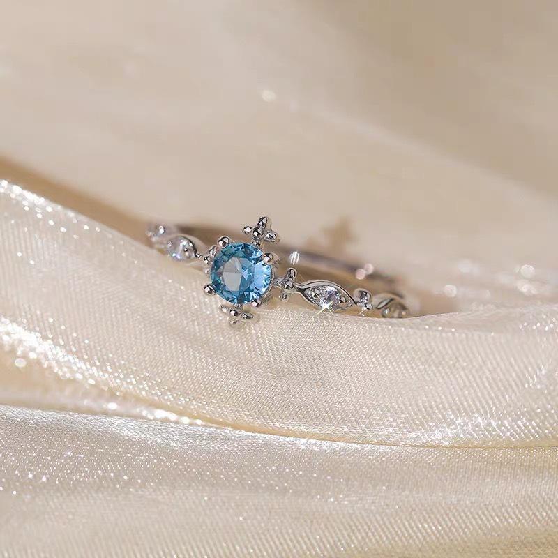 S925 Sparkle Zirconia Aquamarine Adjustable Ring for Women - Light Luxury, High-End Niche Design
