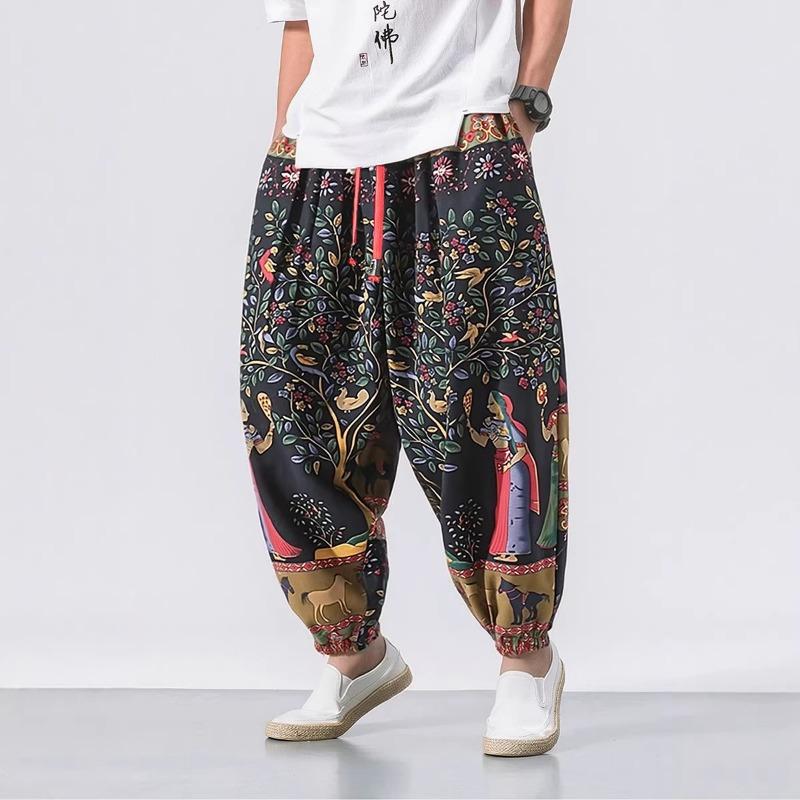 Men Ethnic Floral Print Drawstring Waist Harem Pants S чёрный