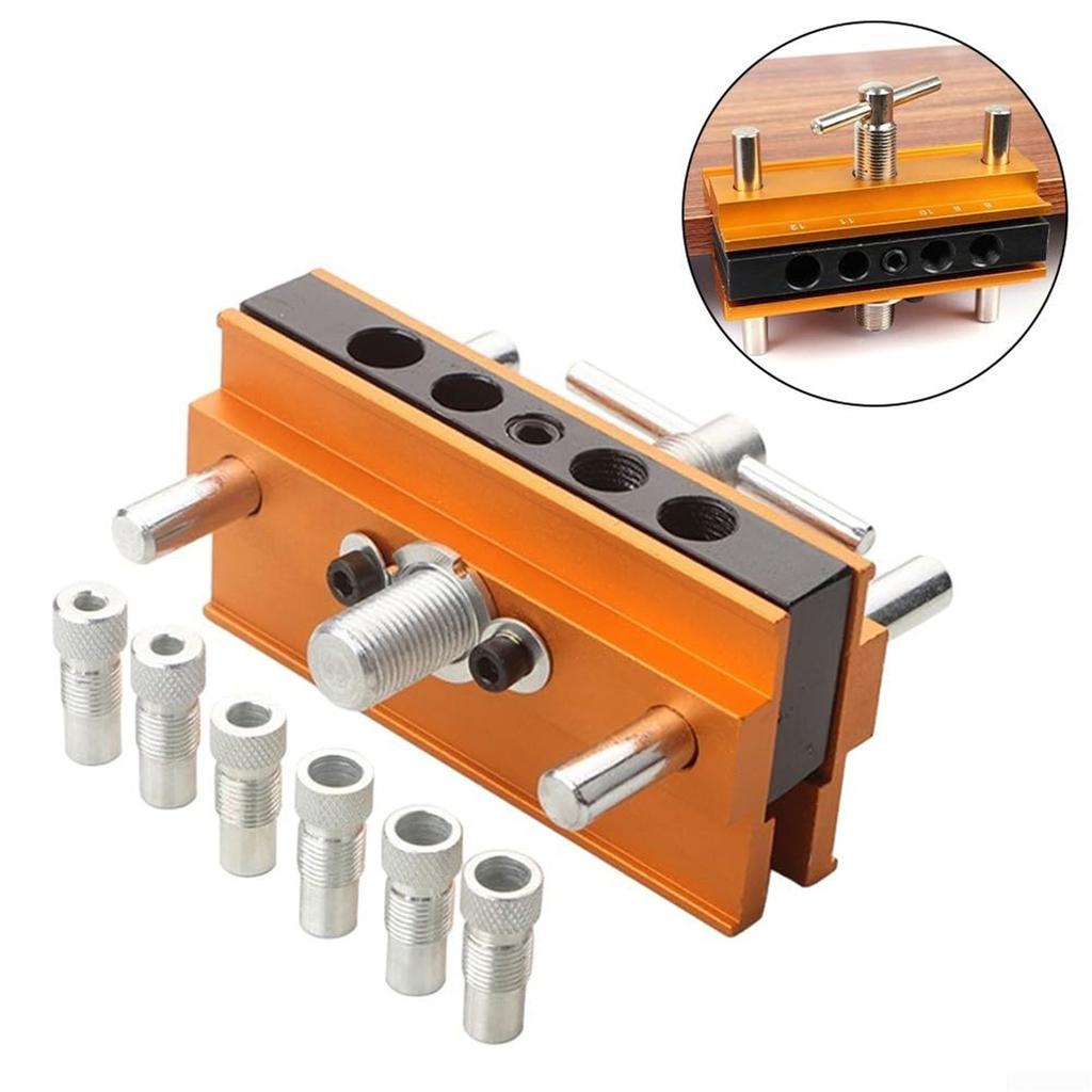 Kit Jig de dibluri cu autocentrare Jig de găurit pentru găuri drepte Set de îmbinare cu biscuiți cu 6 bucșe de ghidaj pentru burghiu Reglabil