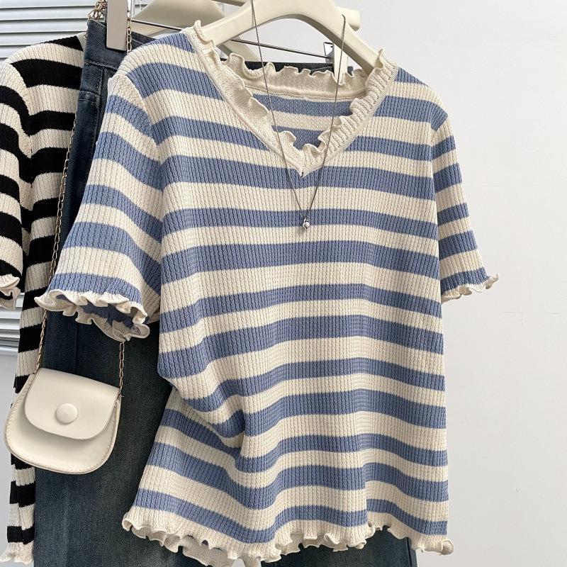 

Plus Size Women s Striped Collar Short-Sleeve Summer Knit Top with Ruffle Design XL чёрный