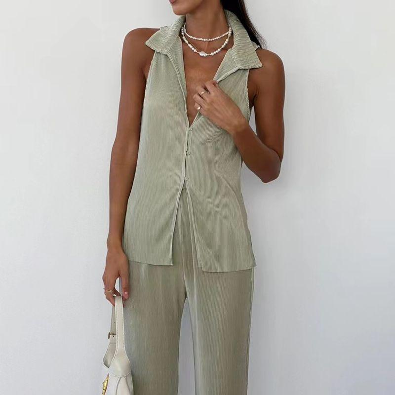 

Western Style Summer Casual Pleat Sleeveless Vest High Waist Trousers Set Tank Top and Pants Set Green S
