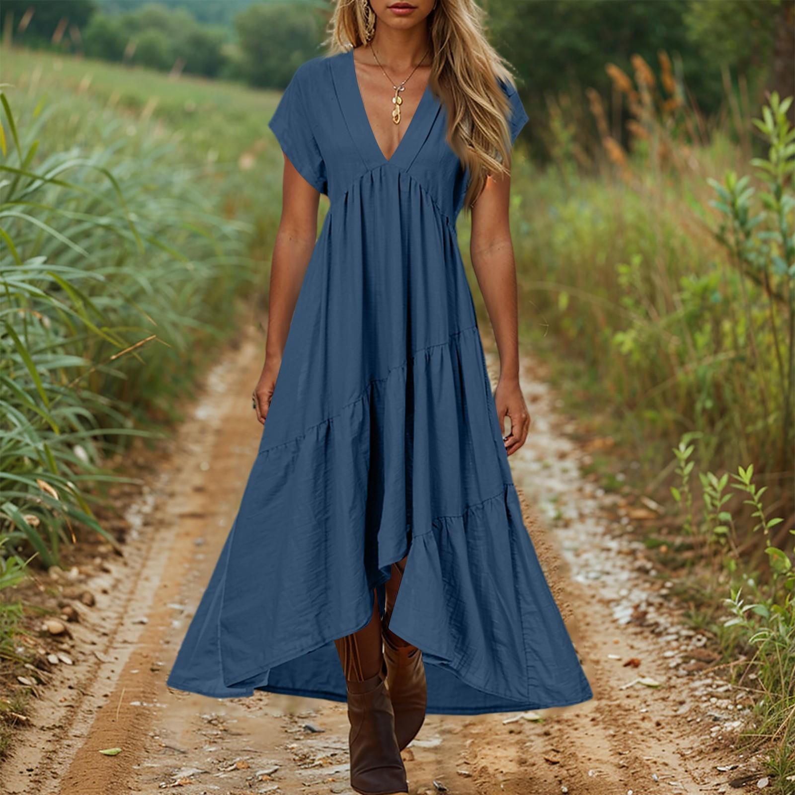 

Женское повседневное и модное платье средней длины с коротким рукавом и V-образным вырезом XL синий