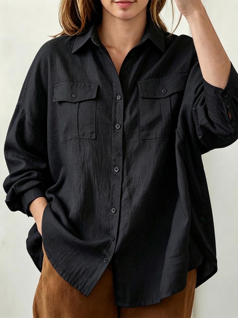 Women's Oversized White Linen Texture Button-Up Shirt with Double Flap Pockets - Summer Casual Vacation Top.