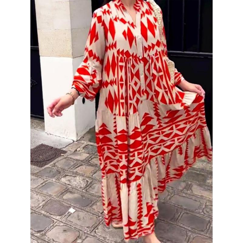 Elegante Maxi Kleid Frauen Casual Streetwear Vintage Geometrische V-ausschnitt Boho Strand Lange Lose Kleider Weibliche Vestidos Robe Ete Femme