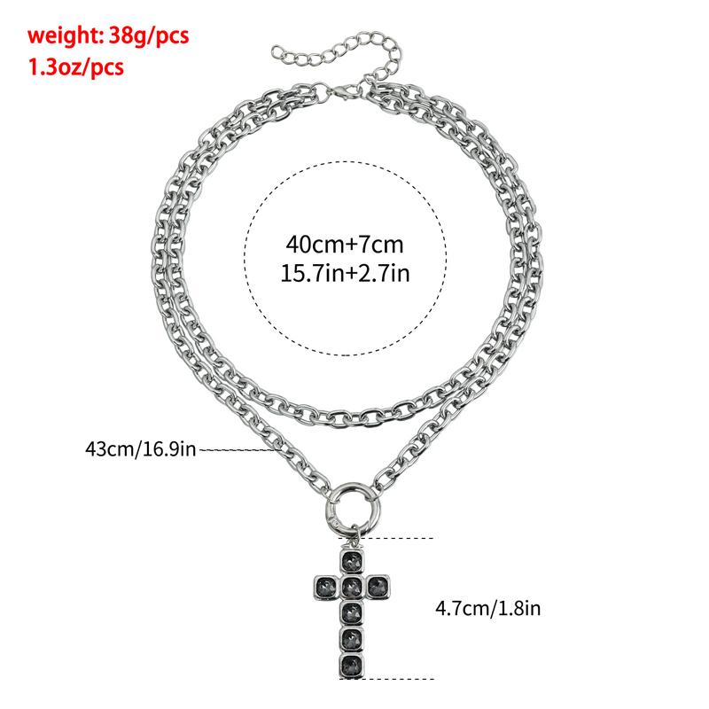 Punk Hip Hop Black Zircon Cross Pendant Double Layered Necklace for Women Men Trendy Metal Long Necklaces Gothic Neck Jewelry