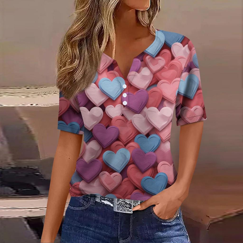 Women's T Shirt Tee Valentine's Day Print Button Short Sleeve Daily Weekend Fashion Basic V- Neck Regular Top