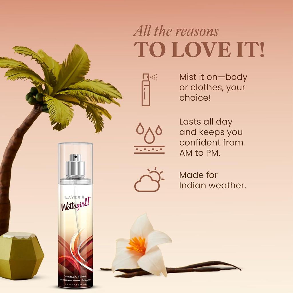 Wottagirl Vanilla Twist Body Splash, 135ml | Dreamy Vanilla Scent | Everyday Wear | Refreshing & Skin-Friendly