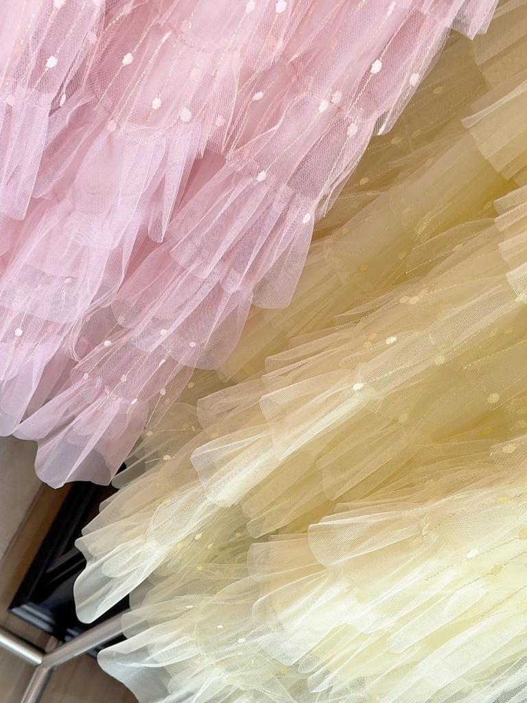 Super Fairy Mesh Patchwork Lurex A-Line Cake Skirt – 2025 Spring/Autumn Fluffy Mid-Length Tulle Skirt