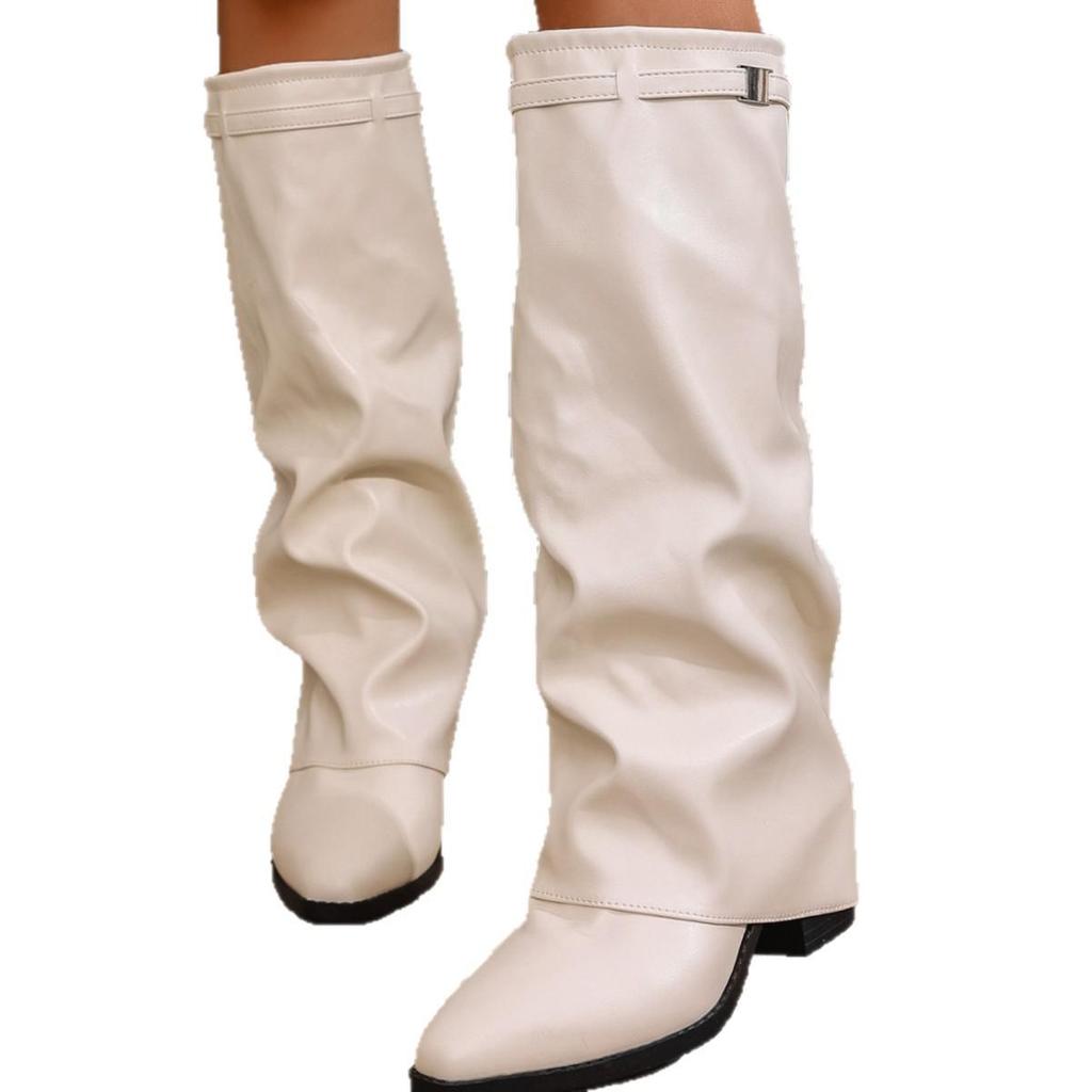 2025 Women's High-Heeled Cross-Folded Chunky Heel Fashion Boots Plus Size British Style