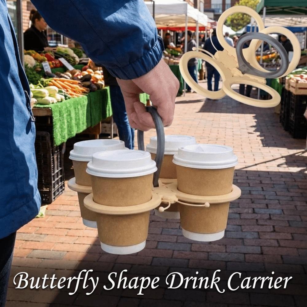 Folding 4-cup Coffee Carrier Plastic Drink Holder Butterfly Shape Drink Carrier Outside Party