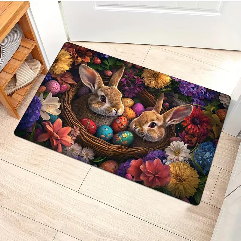 

Bunny with Flowers Happy Easter Welcome Doormat Rug Indoor Outdoor Outdoor Entry Floor Mat for Home Room Decoration Carpets 50X80cm