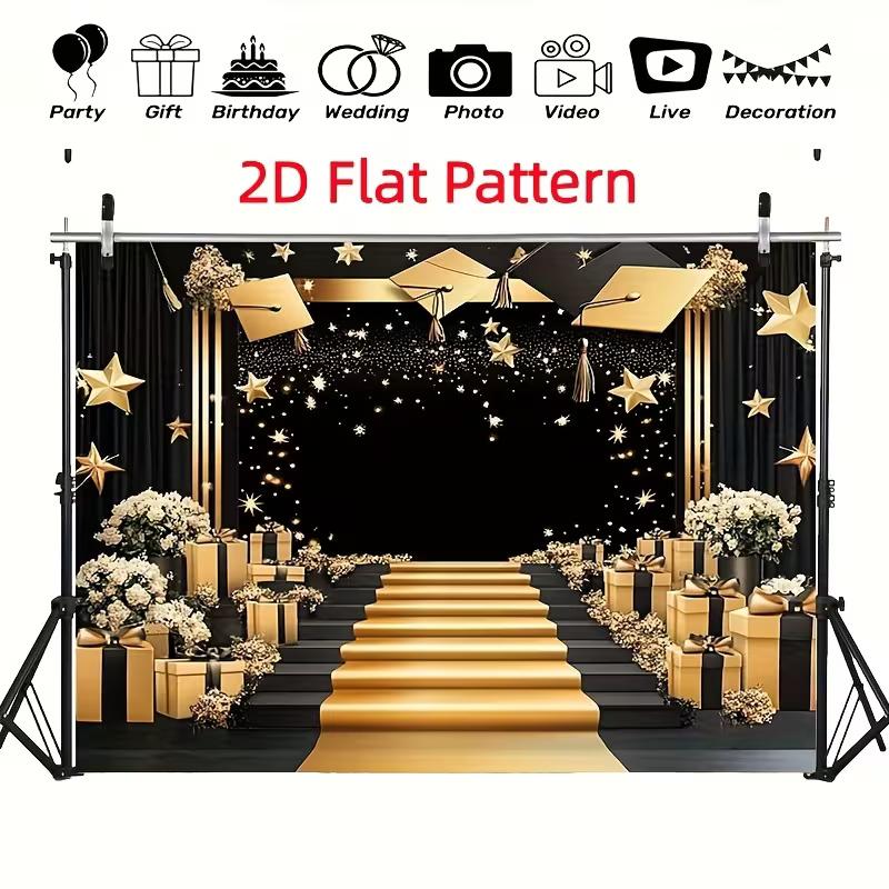 2D Elegant Graduation Backdrop, Black Gold Theme with Golden Stairs for Prom and Events