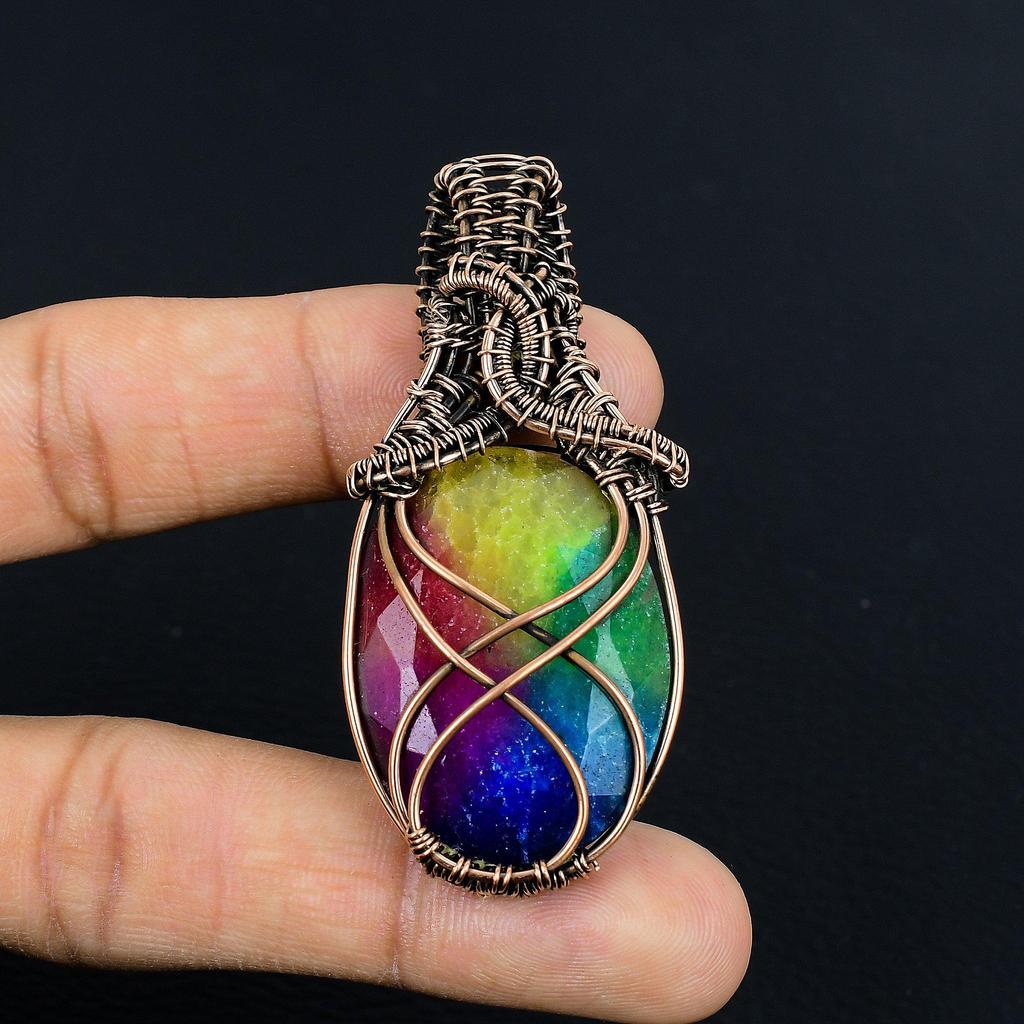 Rainbow Solar Quartz 999 Copper Wire Wrapped Pendant, Handmade Gemstone Pendant Jewelry, Gifts For Wife Brand New Pendant