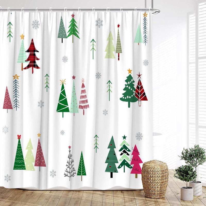 Cartoon Christmas Shower Curtain Funny Snowman Santa Claus Elk Xmas Trees New Year Kids Bath Curtains Bathroom Decor With Hooks