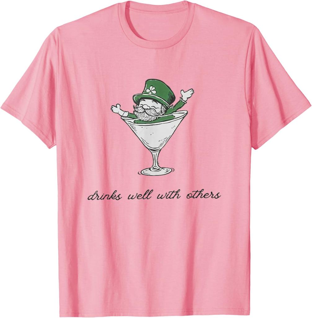 Leprechaun Martini Drinks Well With Others St Patrick's Day Graphic Tee Casual Cotton T-Shirt