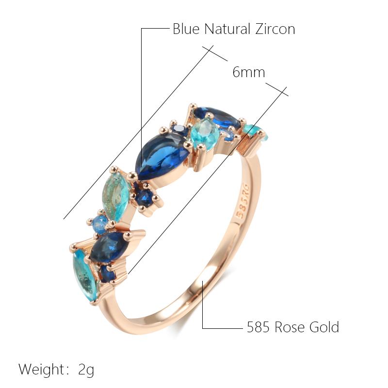 New  Rose Gold Color Ring For Women Luxury Blue Natural Zircon Leaf Ethnic Wedding Jewelry Daily Party Accessories
