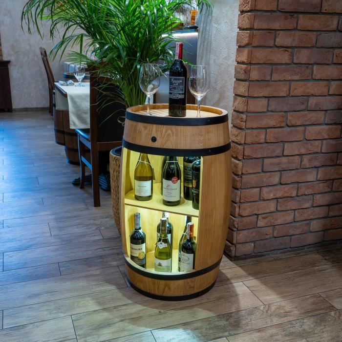 Tonneau En Bois - Creative Cooper - 80cm - Éclairage LED - Rangement Bouteilles - Chêne