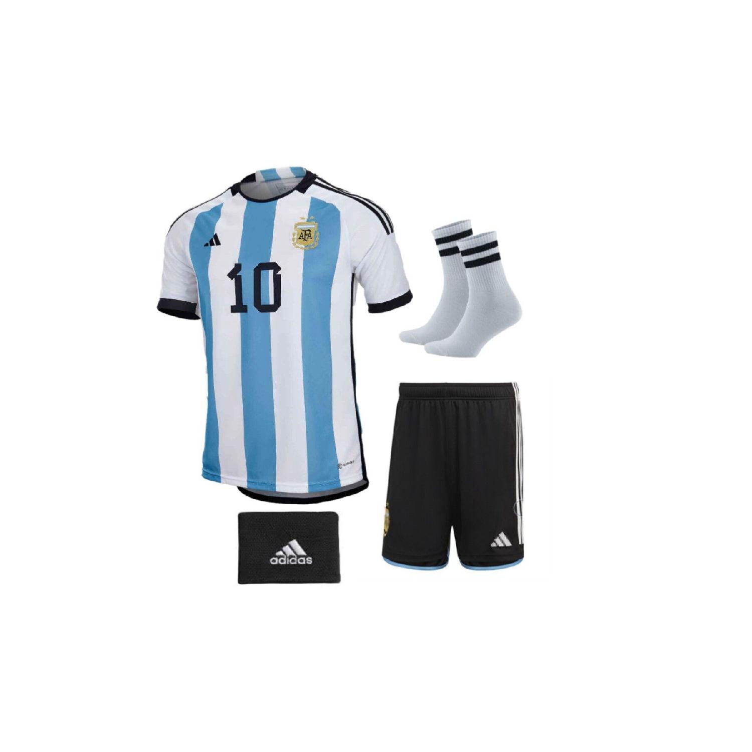 Argentine Messi Blue Stripes Coupe du Monde Maillot de Football Enfant 3 étoiles 4 Pièces