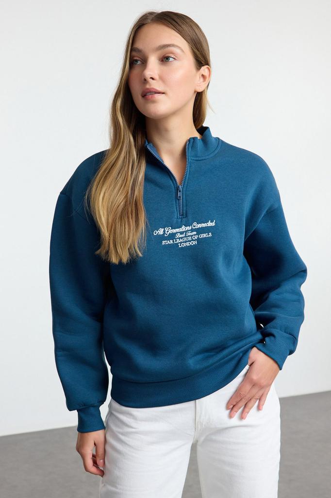 Women's Fashionable Stylish Sweatshirt Stone Thick Inside Fleece Zippered High Collar Oversize Wide Fit Knitted Sweatshirt