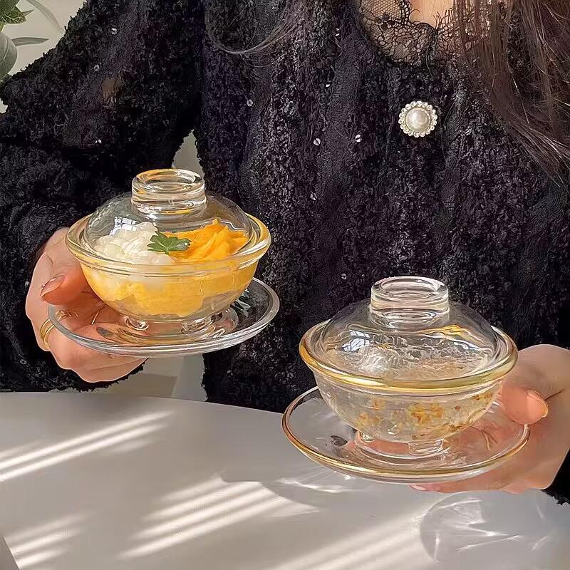 Yu Jing Glass Bird's Nest Dessert Bowl Set with Gold Rim - Heat Resistant and Transparent, Includes Lid