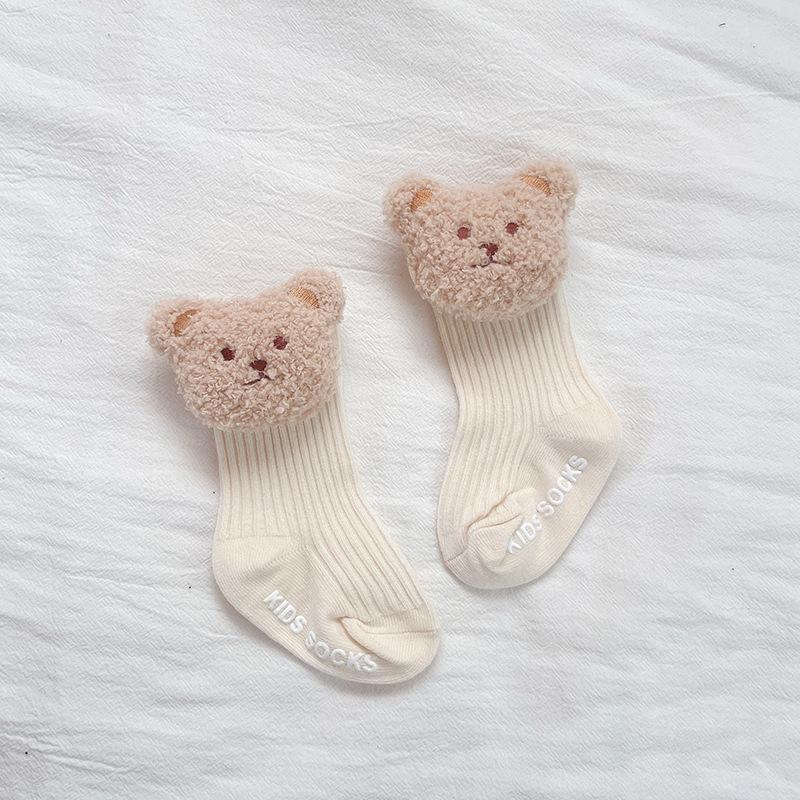 Cute Baby Bear Socks Solid Color Toddler Middle Tube Sock Cartoon Non-slip Children Floor Socks 1-3Year Girl Boy Cotton Footwear