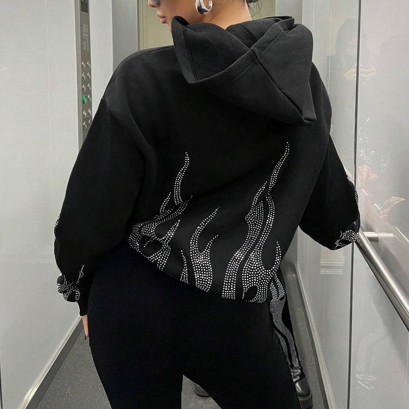 Autumn and winter Y2K trendy street flame hot stamping loose zipper hooded sweatshirt for men and women