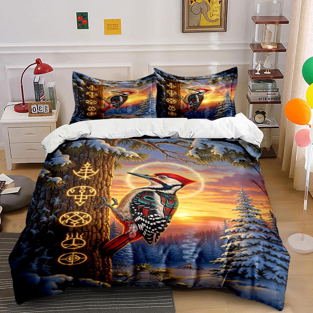 

Woodpecker, snowy forest, symbols. Bedding sets Duvet cover sets Duvet covers Pillowcases(1 * Duvet Cover 2 * Pillowcases, without duvet insert) 135x200cm