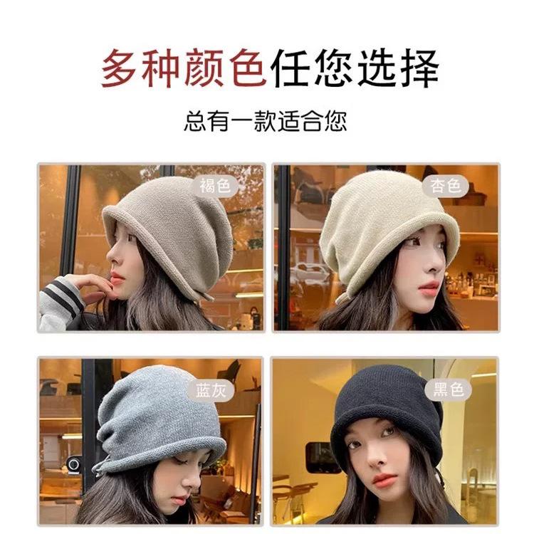 Pile Hats Women's Autumn and Winter Hats Big Head Circumference Knitted Wool Hats Winter Pure Cotton Confinement Hats Baotou Hats Show Small Face
