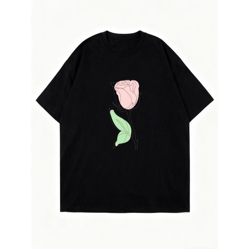 Oversized T Shirt Dress Black Rose Flower Print Casual Streetwear For Women