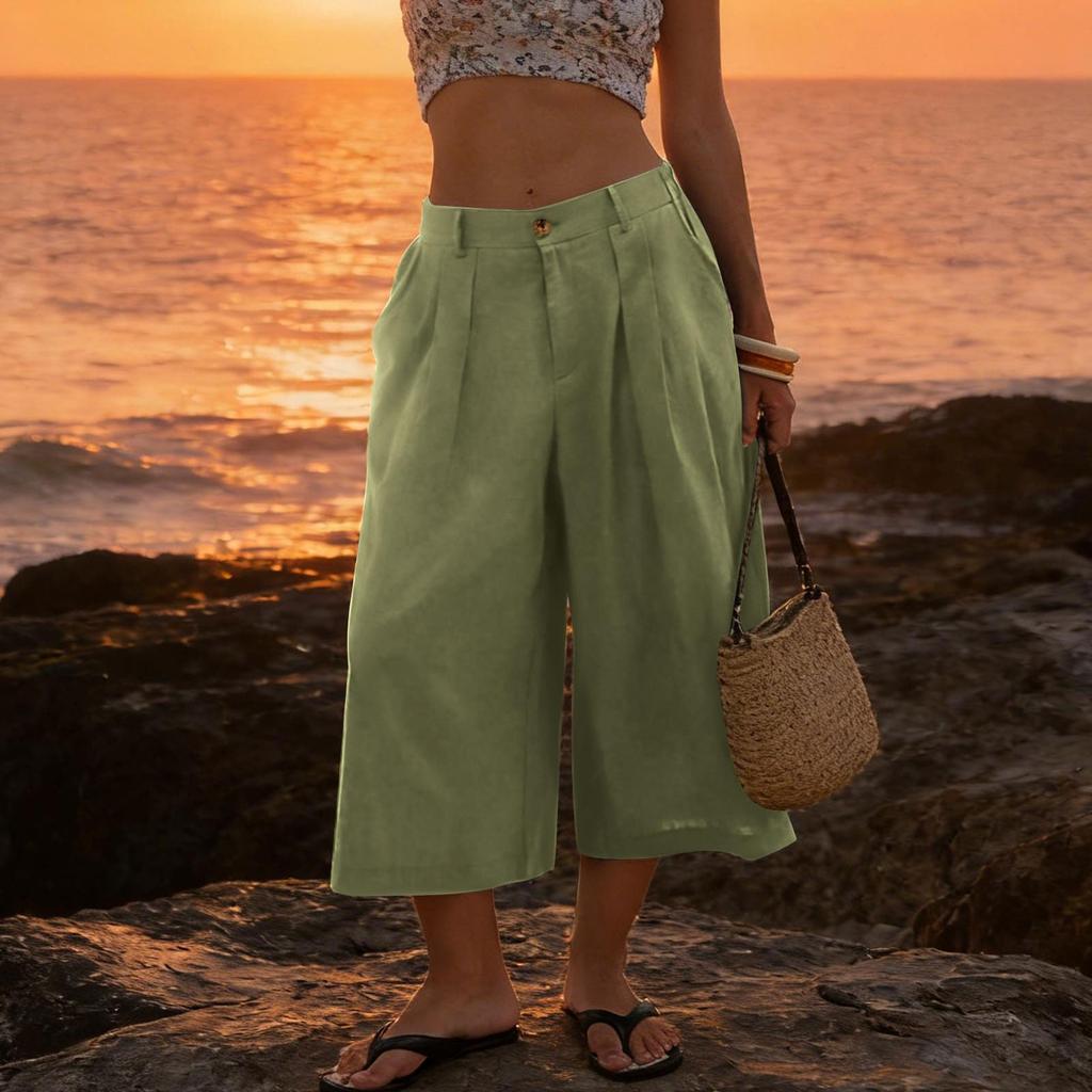 Women’s Casual Loose Fit Cropped Pants with Pockets Relaxed Mid Waist Wide Leg Seven Quarter Length Trousers for Everyday Wear