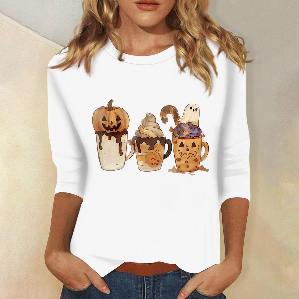 Women's Fashion Casual Three-quarter Sleeve Halloween Printed Round Neck Top