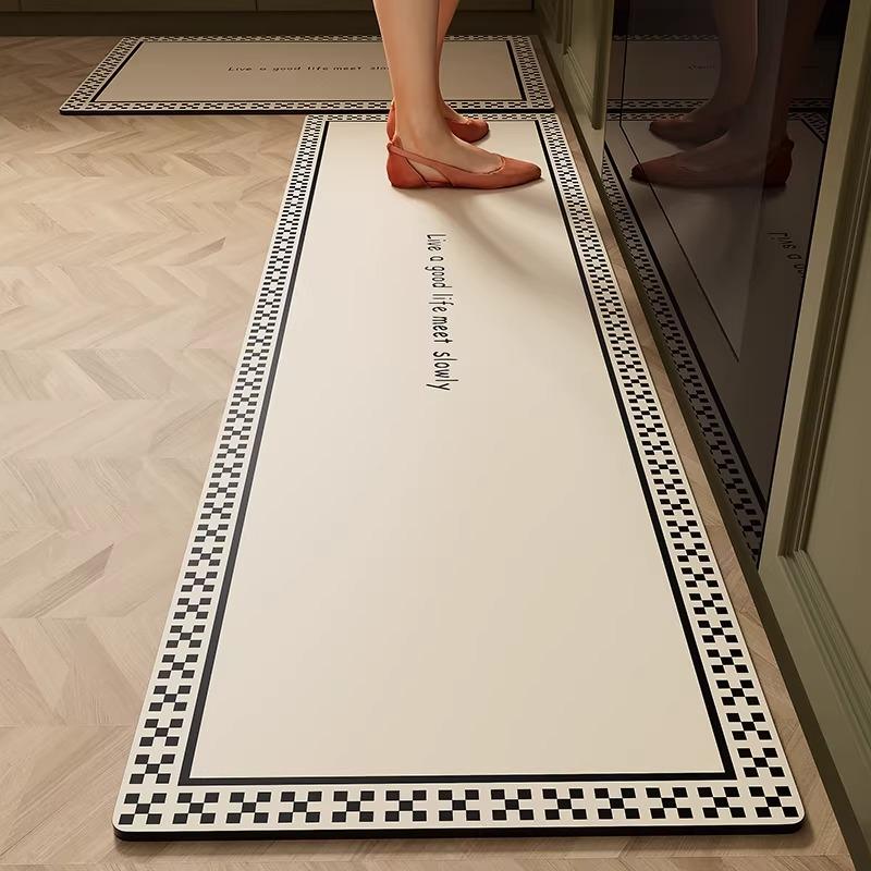 Kitchen Carpet PVC Waterproof Leather Rug Black and White Striped Non-slip Floor Mat Home Decoration Rugs Alfombras De Cocina