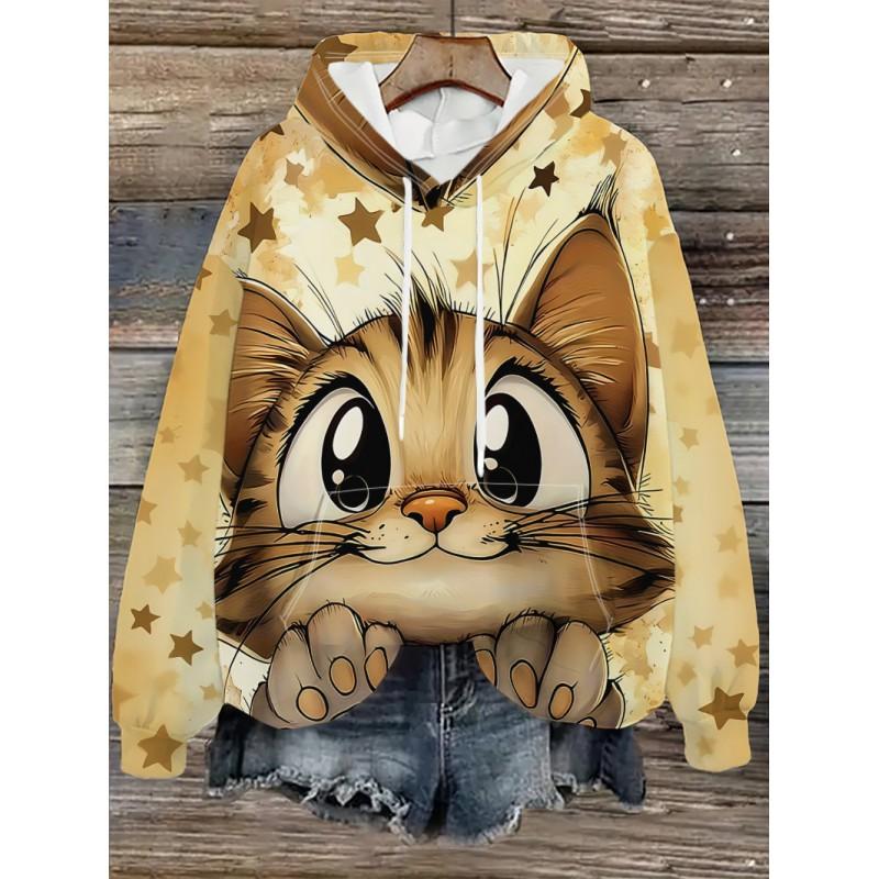 Womens Oversized Hooded Sweatshirt With Cartoon Animal Print Casual Streetwear Top Fall 2025