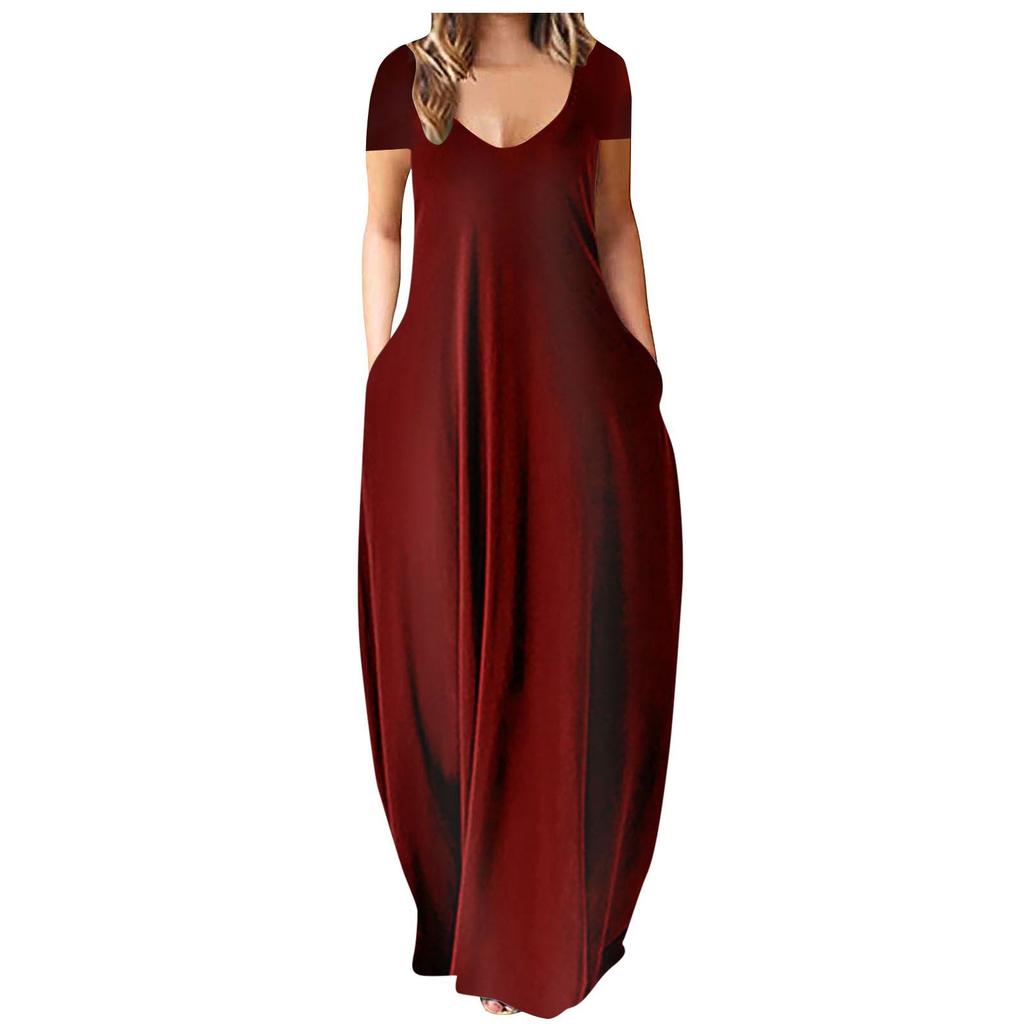 Summer hot sale large size women's clothing solid color sexy deep V-neck short-sleeved dress women
