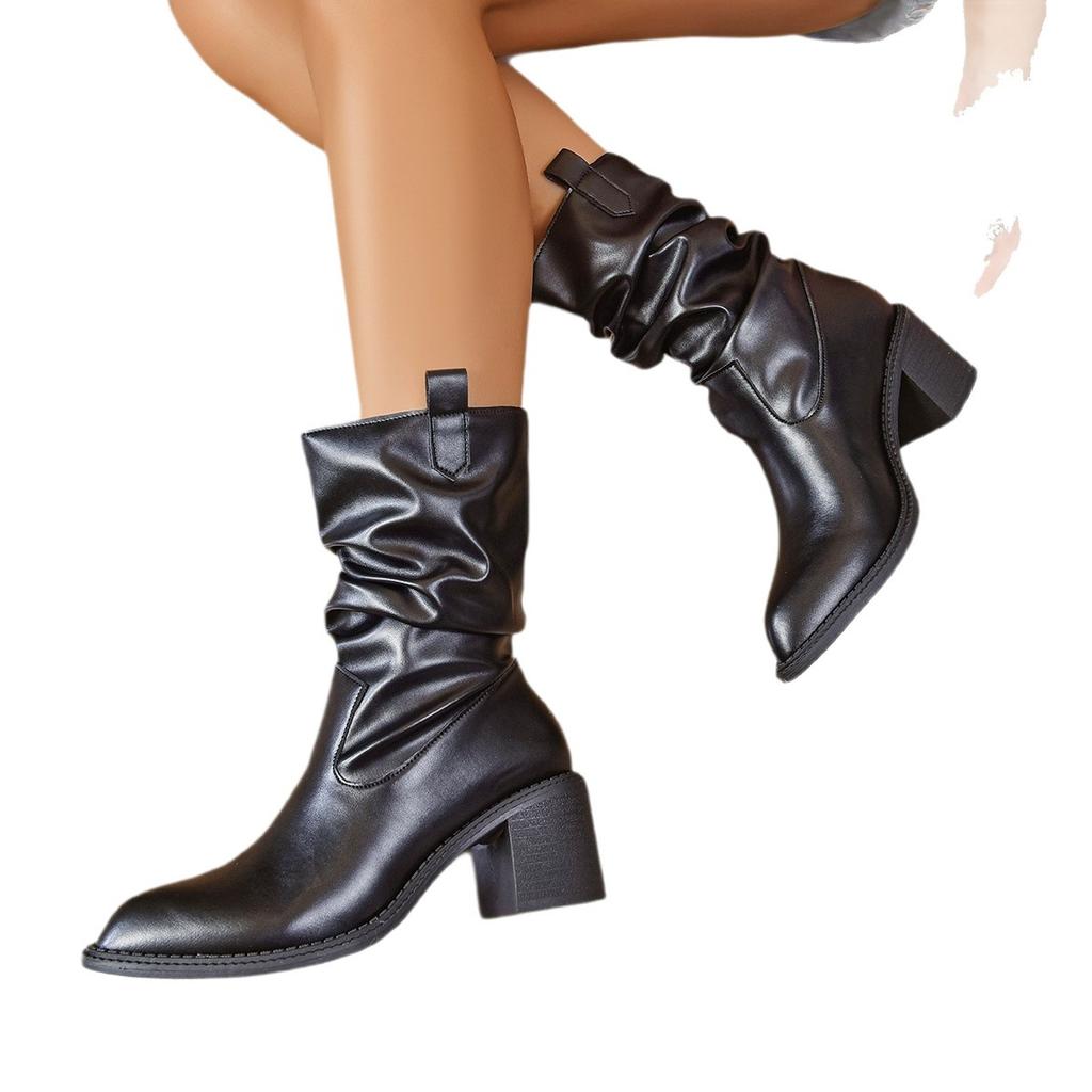 Fashion casual basic boots women's spring and autumn new pleated fashion temperament simple outer wear medium tube women's boots