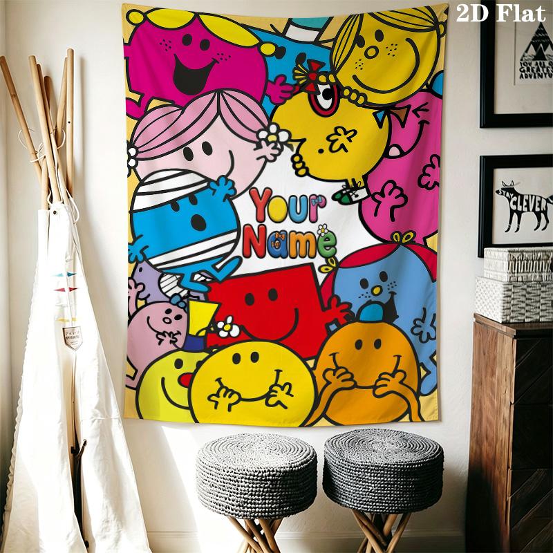 Mr. Men Little Miss Custom Name Wall Tapestry Aesthetic Wall Hanging Printed Fabric Blanket Decorative Tapestries for Bedroom Living Room Home Decor