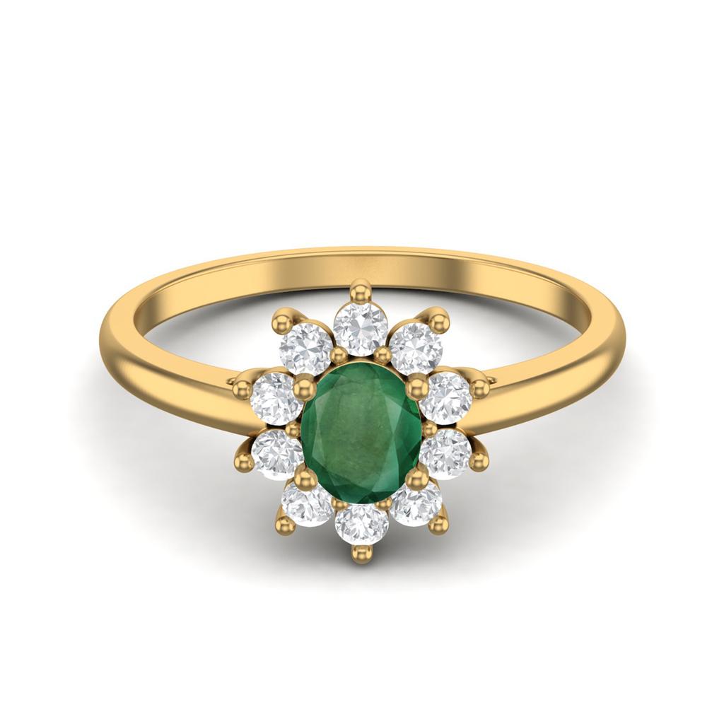 0.45 Cts Oval Emerald 925 Sterling Silver Gold Vermeil Solitaire Halo Engagement Women Ring