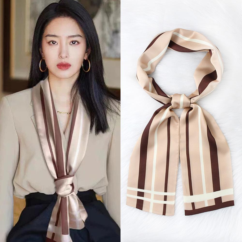 Ladies' Fashion Versatile Striped Carriage Irregular Satin Long Scarf Silk Scarf Premium Double Layer Narrow Long Scarf