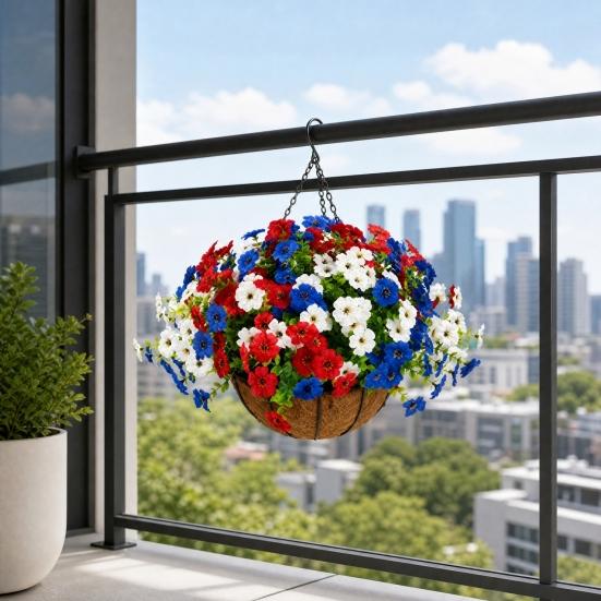 Artificial Outdoor Flower with Hanging Baskets, Red White Blue Fake Flower Planter, Patriotic Decor for 4th of July, Porch Garden