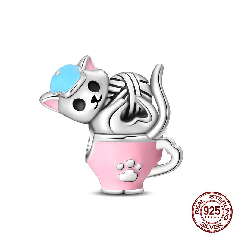 100 % 925 Sterling Silber Teetasse Musik Katze Rosa Katzenpfote Charms Perlen Fit 925 Original Armband Fein DIY Niedlich Schmuck Geschenk